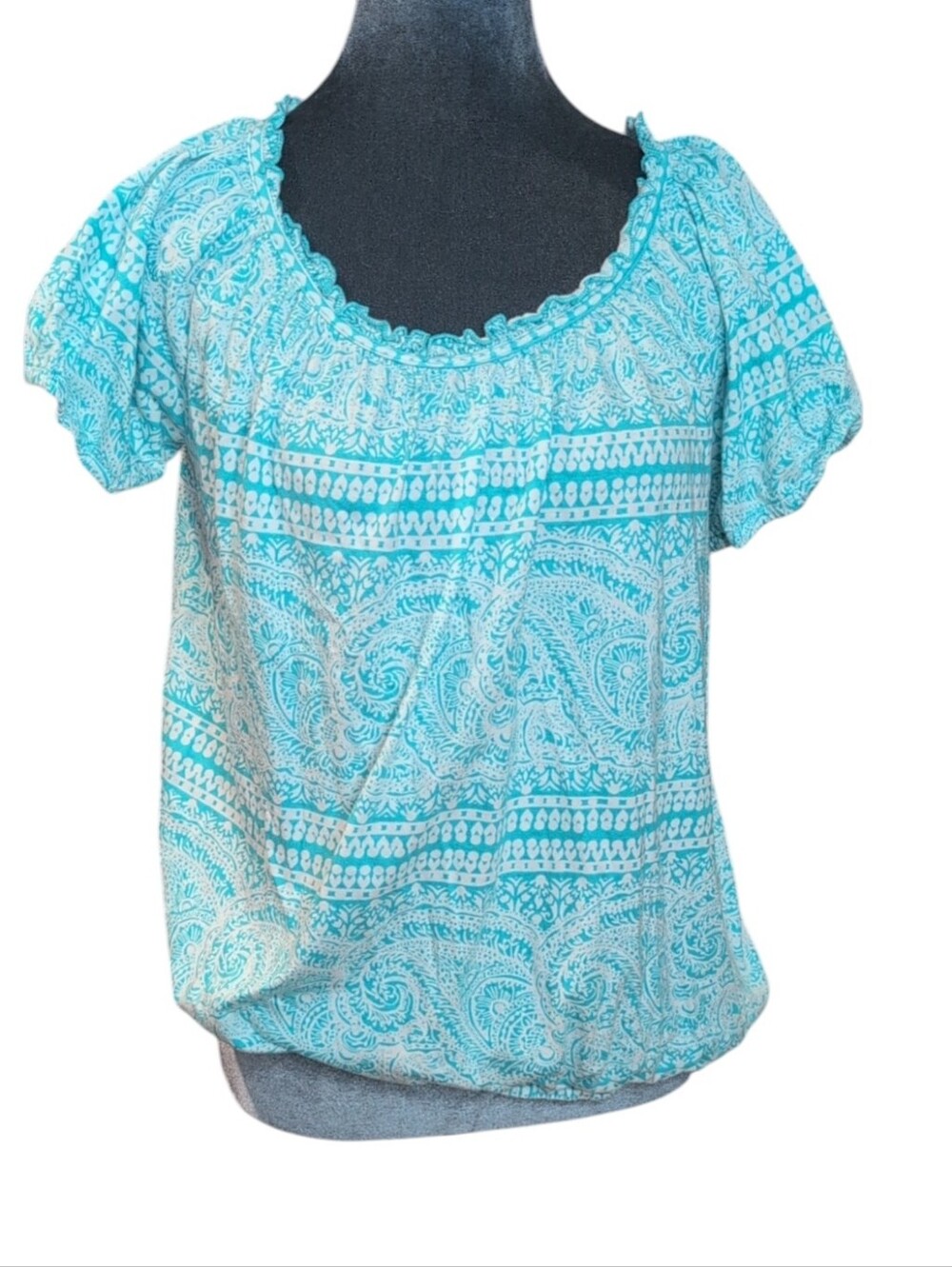 Lane Bryant Fun & Flirty Turquoise & White Print Peasant Top Size 14/16